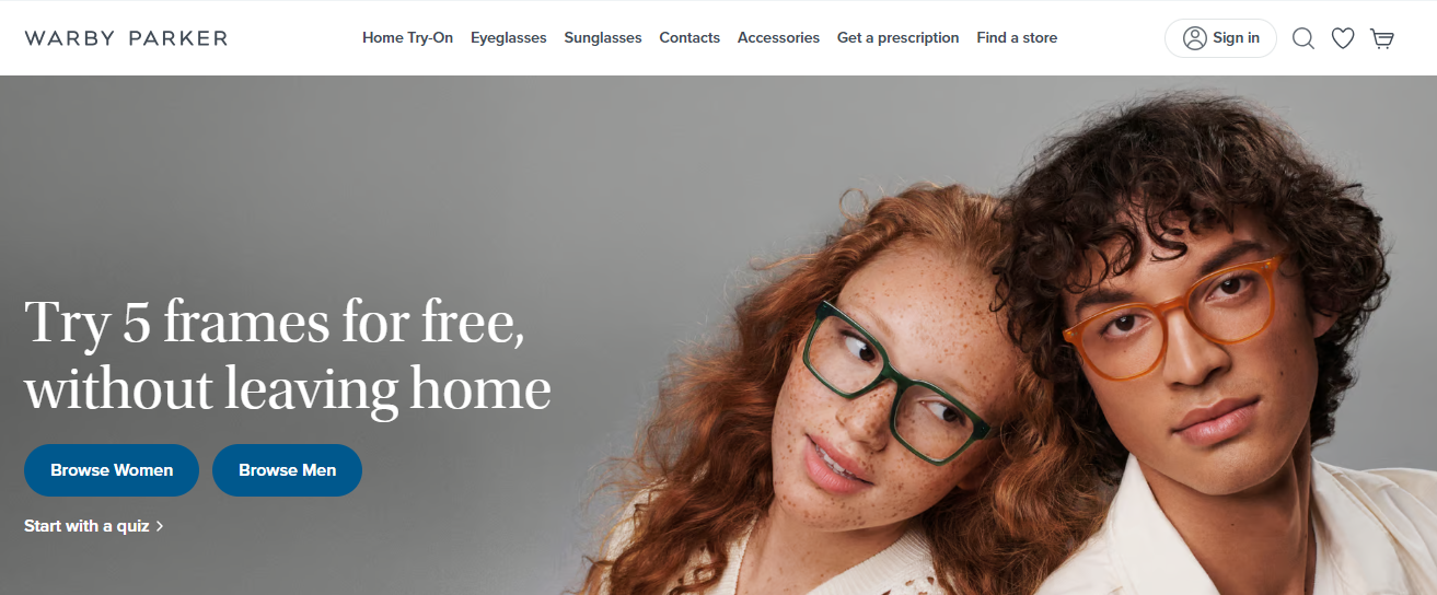 An image showing Warby Parker’s homepage, which is among the best customer service companies