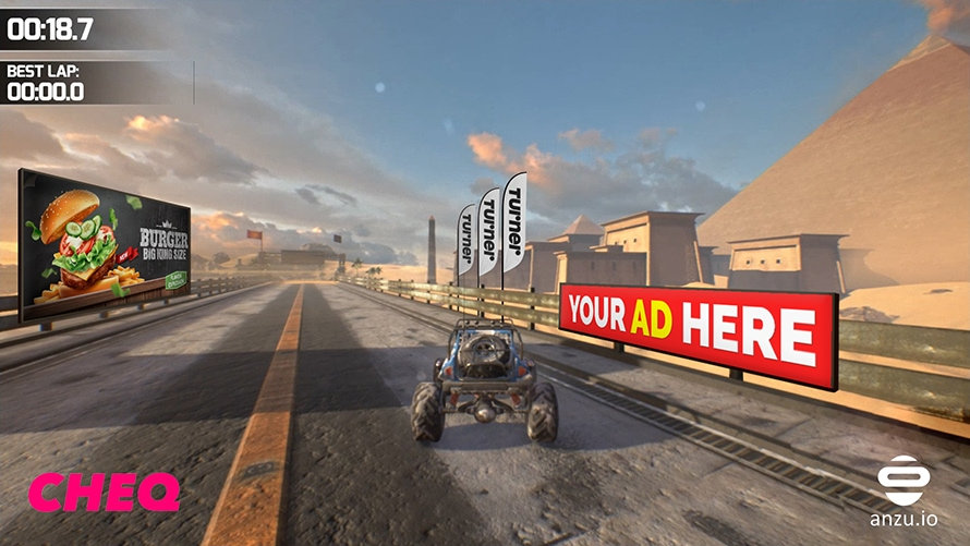 The image shows an car traveling on a road, featuring in-game advertisements. 