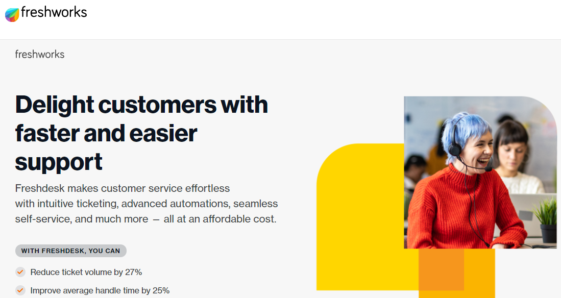An image showing the fifth customer experience tool, Freshdesk’s homepage
