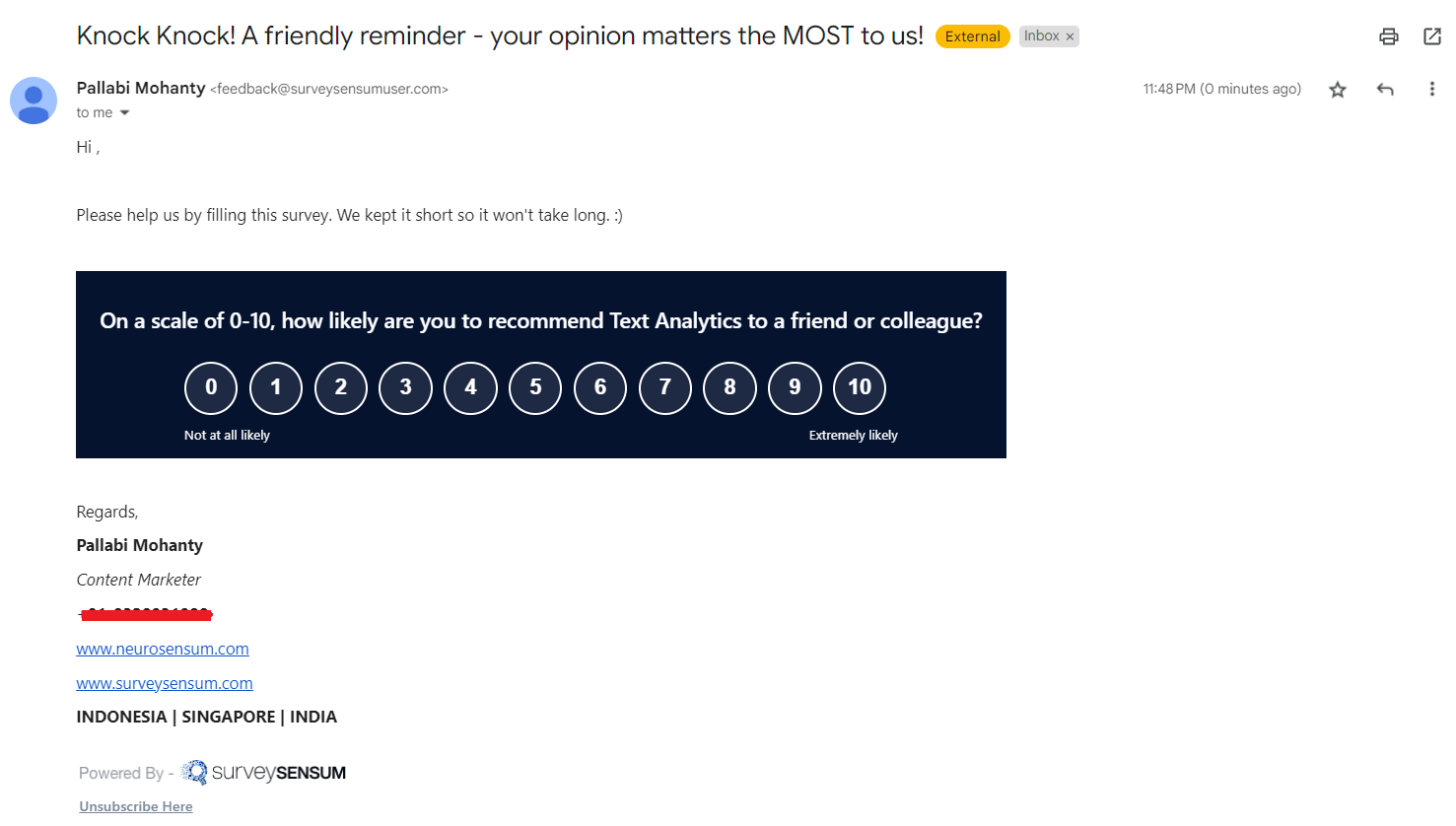 The image shows an email signature survey where the survey is embedded in the email itself and the respondent only has to select a number to complete the survey. 