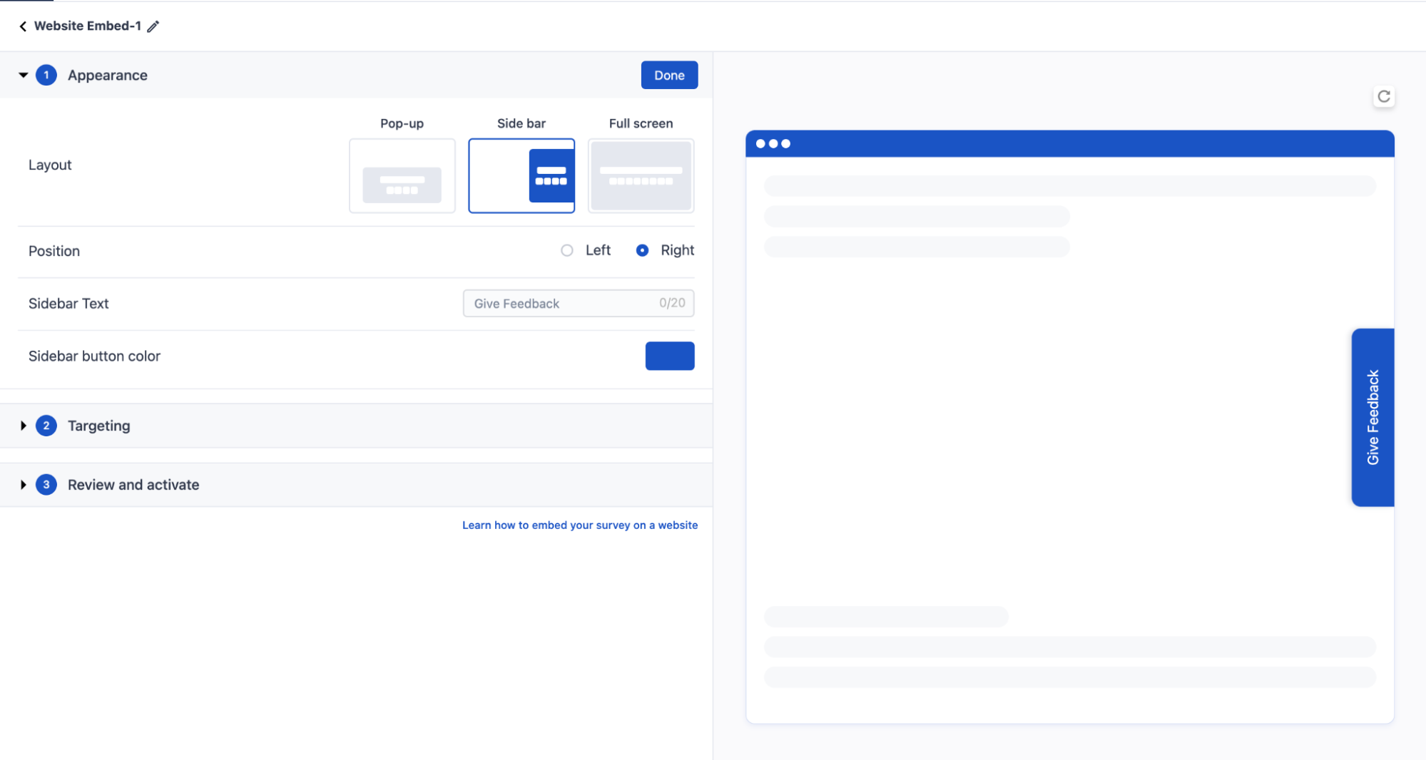 The image shows how to customize the embed survey and place it on full screen. 