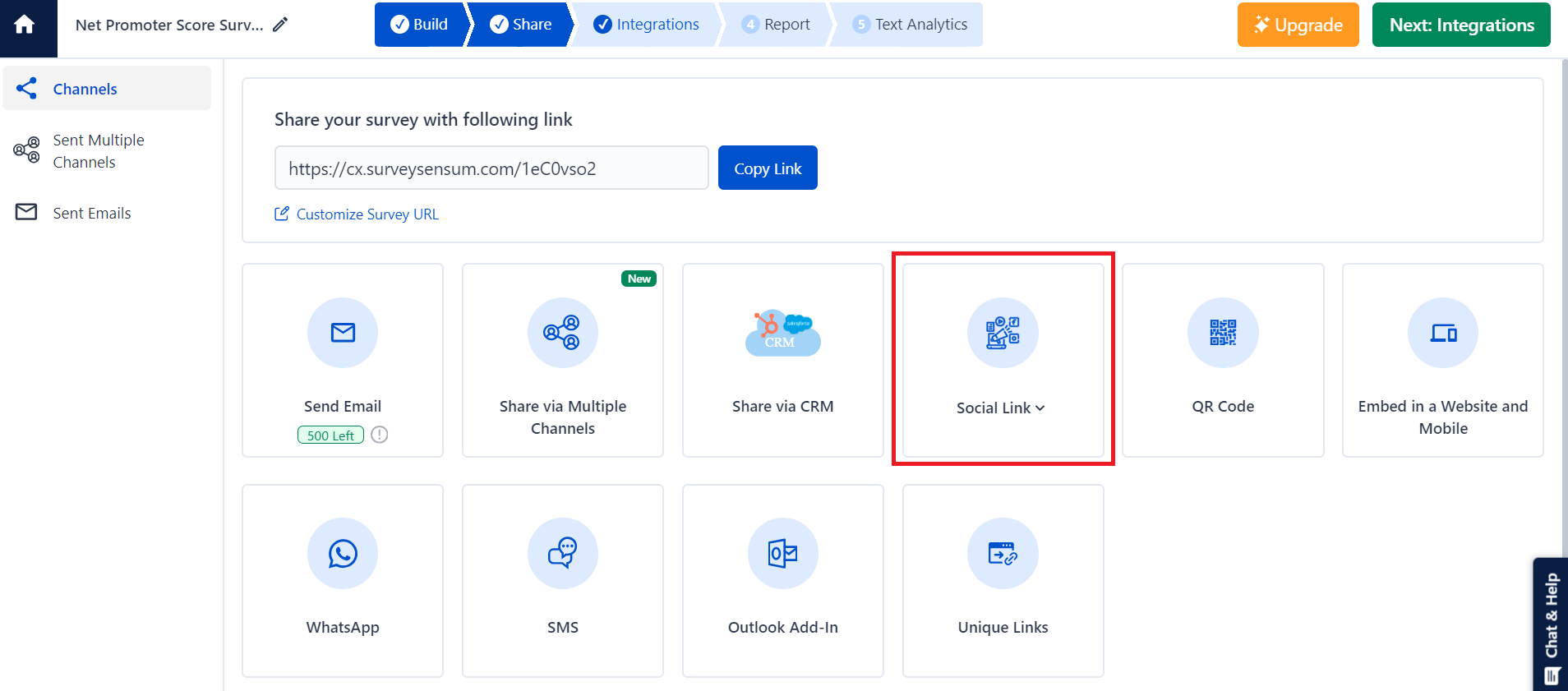 The image shows the survey sharing page of SurveySensums survey builder that allows users to share surveys via multiple channels along with social media channels. 