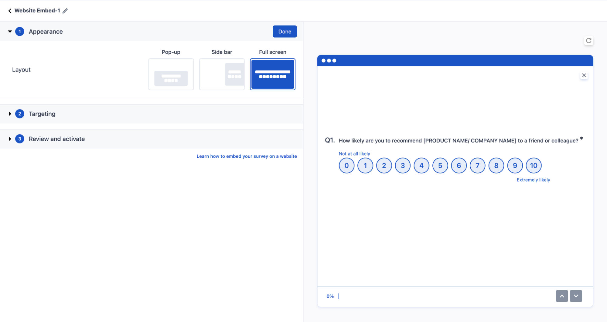 The image shows how to customize the embed survey and place it on full screen. 