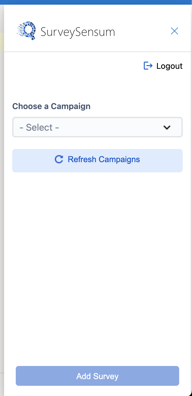 The image shows how to choose which survey you want to add to your email signature by choosing a survey from a list of surveys in the SurveySensum plugin menu on the right. 