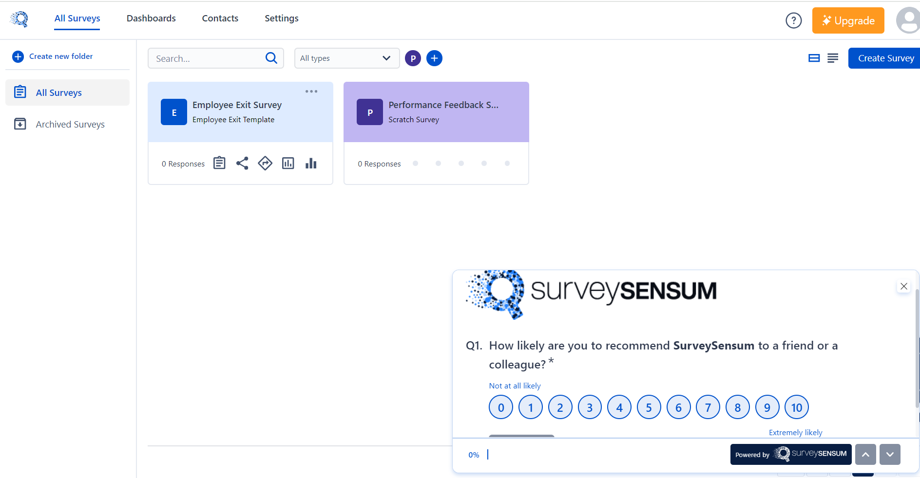 The image shows an embedded survey popping up at the bottom of the SurveySensum’s survey builder asking users to rate their likelihood of recommending the product to others. 