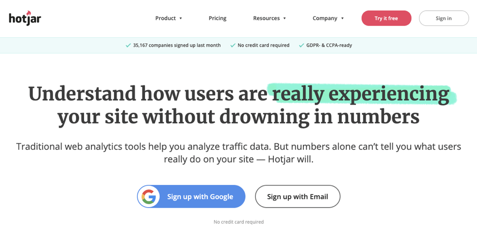 An image showing the third optimization tool, Hotjar homepage 