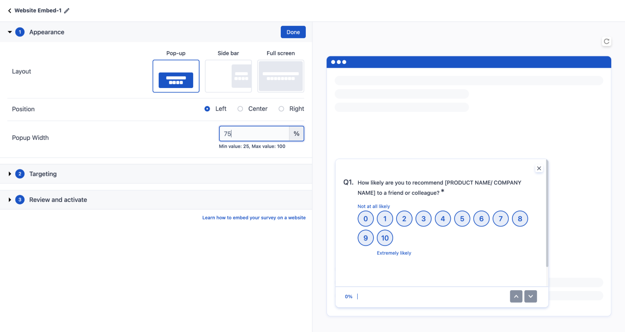 The image shows how to customize the embed survey and place it left, right, or center of the screen. 