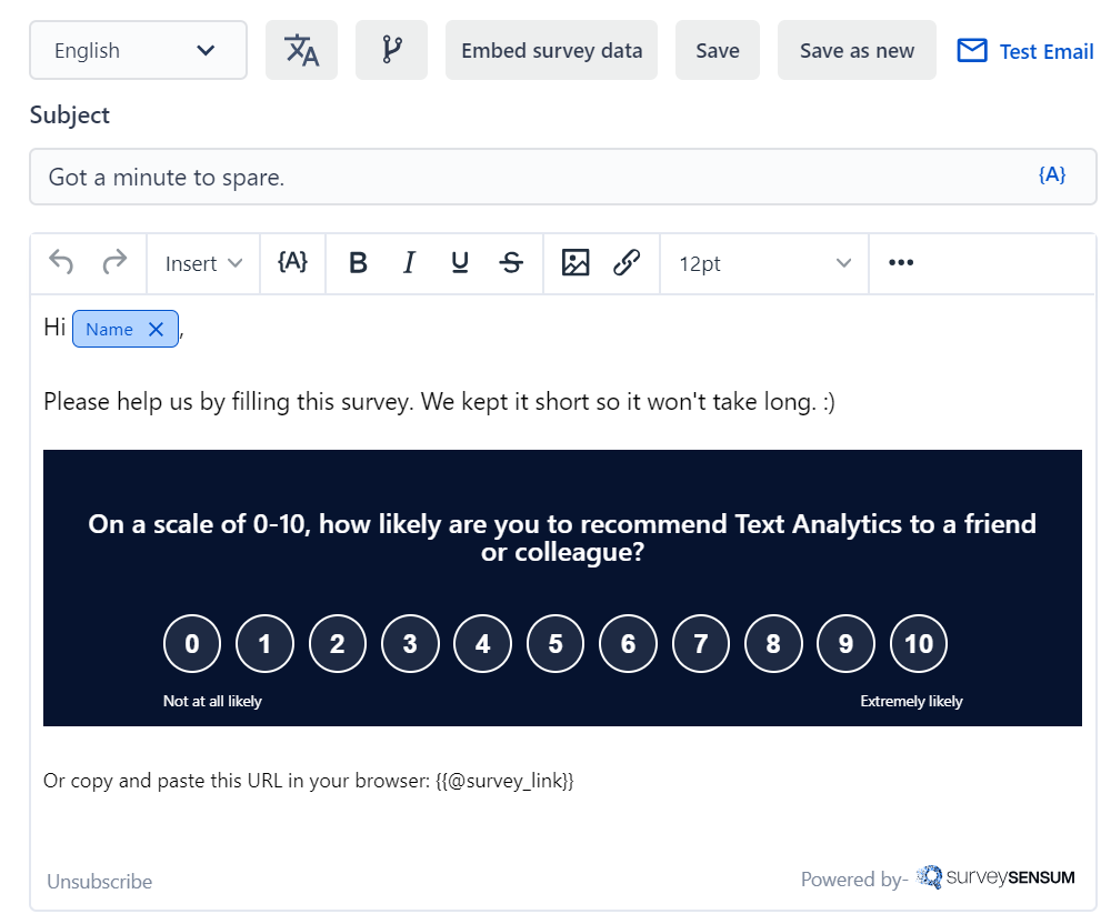 The image shows how to create an email signature survey via Gmail where the survey is embedded in the email itself and the respondent only has to select a number to complete the survey. 