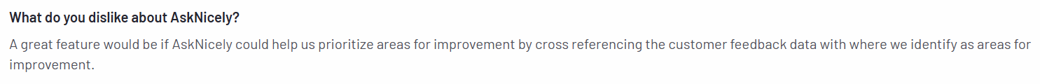 A screenshot of AskNicely customer review given on G2 review talking about how the tool doesn't provide prioritization