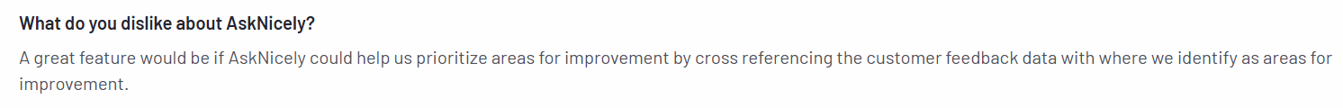  A screenshot of AskNicely customer review given on G2 review talking about its limited reporting capabilities 
