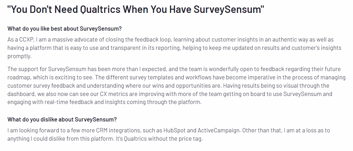  The image shows a customer review of SurveySensum tool on G2 platform. 