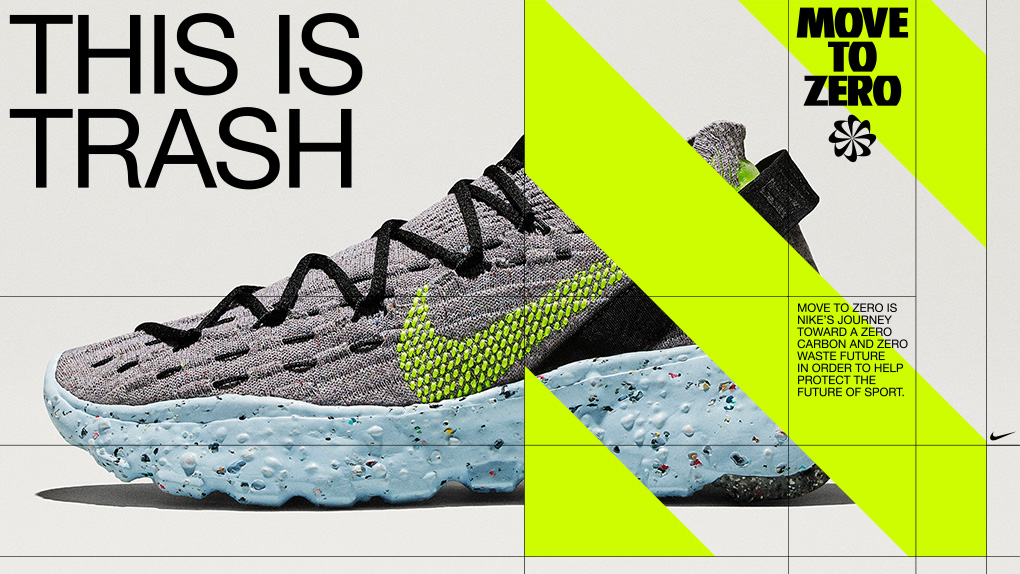 The image shows Nike’s “Move to Zero” initiative in which shows are made from recycled materials. 