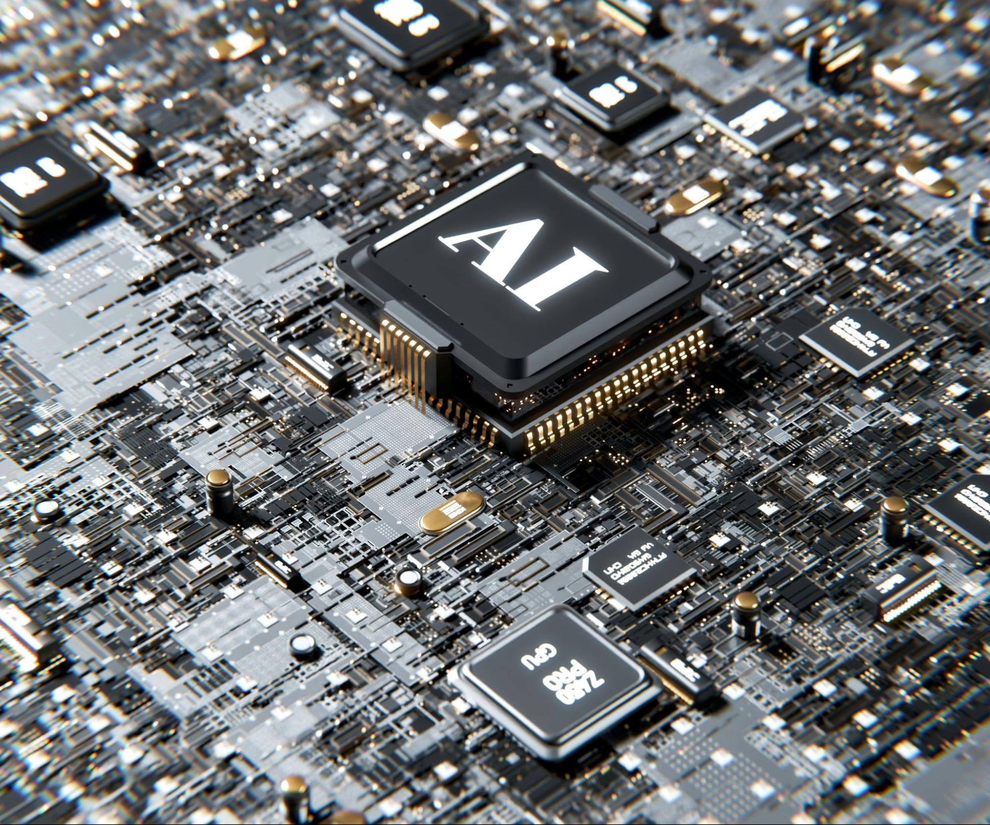 The image shows a computer chip with the letter AI on top of it.