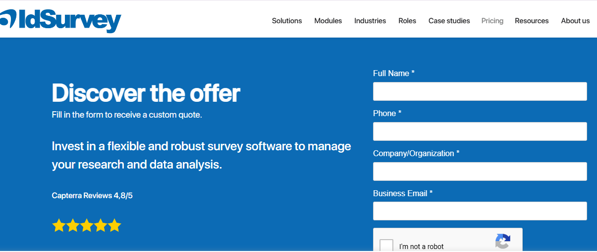  An image showing the homepage for IdSurvey, one of Confirmit alternatives.