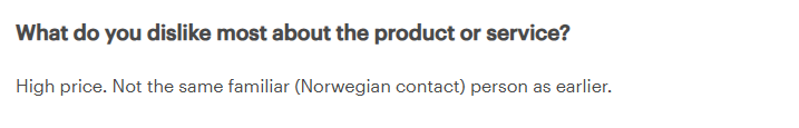 The image shows a customer review on Confirmit’s high price on G2 platform 