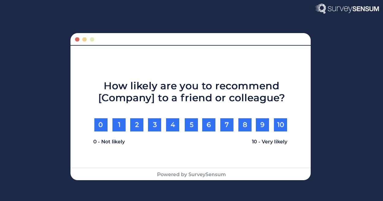  The image shows the NPS question asking respondents to rate their likelihood of recommending SurveySensum to a friend or colleague. 