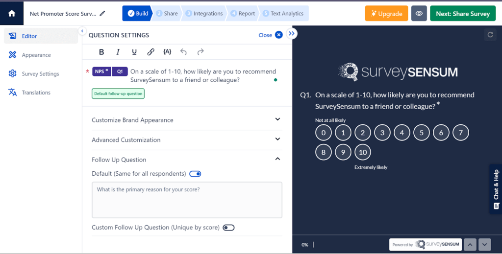 The image shows the AI-enabled survey builder of SurveySensum.