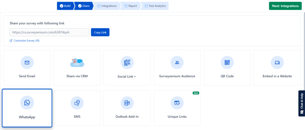 The image shows the sharing part of the SurveySensum platform that enables survey sharing via multiple channels.