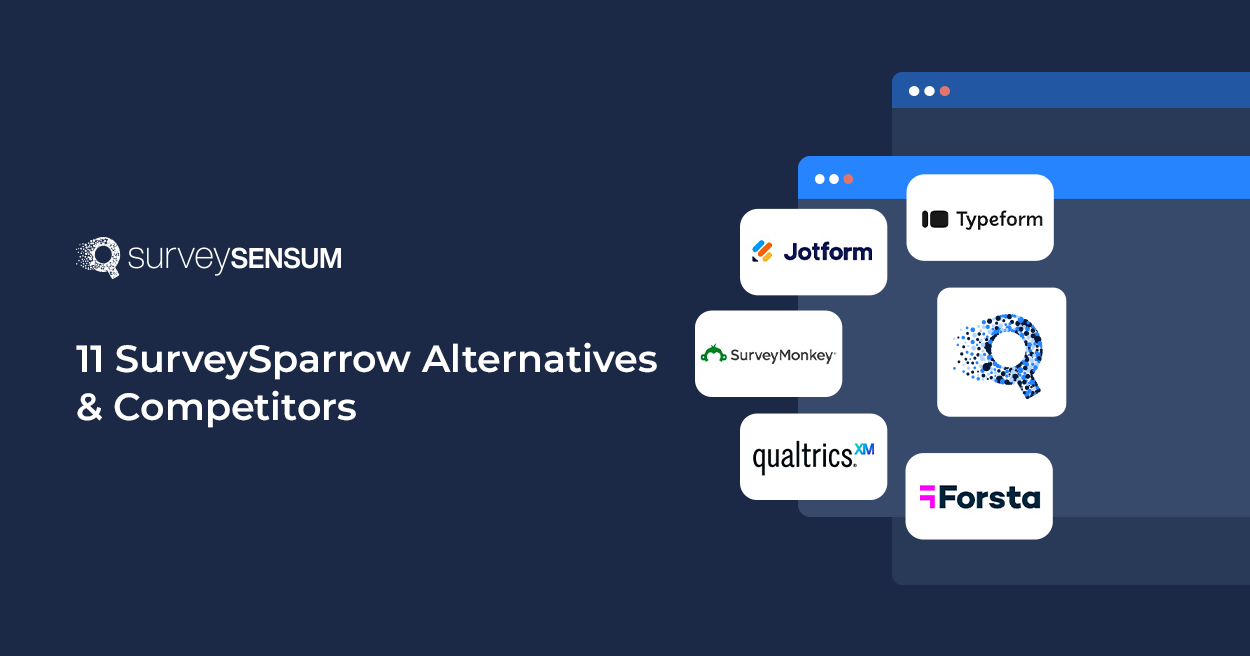 This is the banner image of SurveySparrow alternatives where employees are evaluating different aspects of a feedback management tool.
