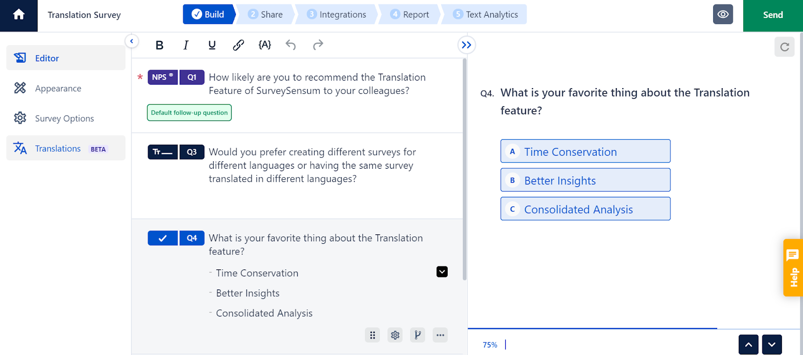 An image demonstrating SurveySensum's multilingual survey creation with customizable questions and personalized messages.