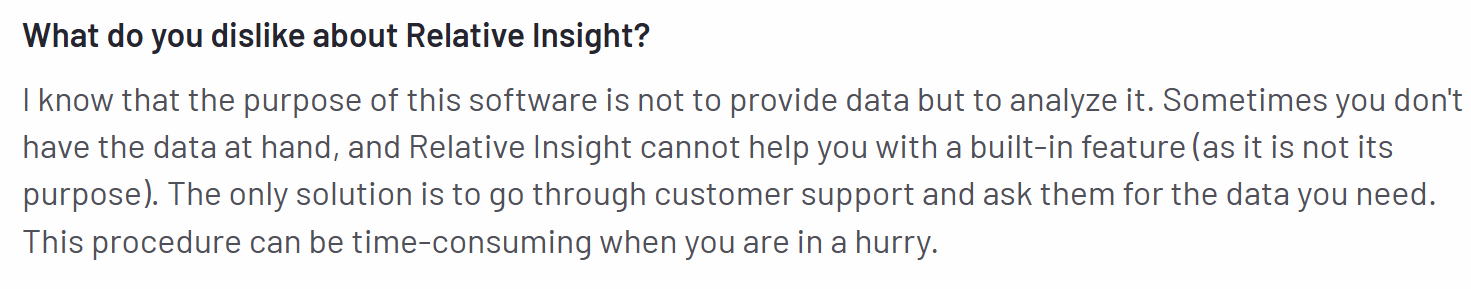 The image shows a customer review of Relative Insight on the G2 platform.
