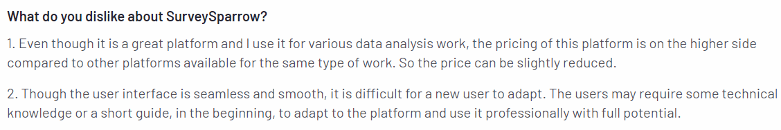 The image shows a con of SurveySparrow regarding the tool’s steep learning curve. 