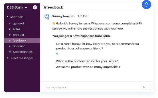 An image showing Slack and SurveySensum integration in action.