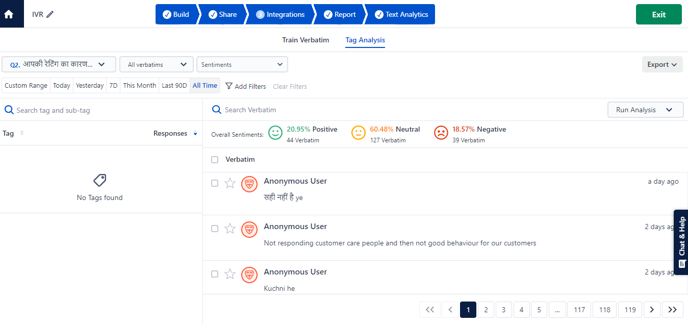 The image shows multilingual text and sentiment analytics software where feedback in the Hindi language is being processed.