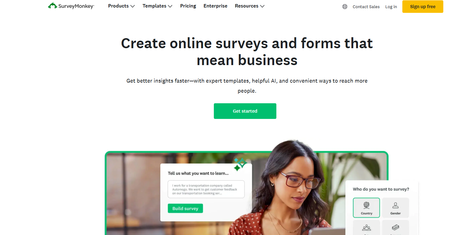 This is the image of the homepage of SurveyMonkey- the fifth GDPR compliant survey platform 