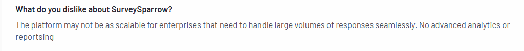 The image shows a con of SurveySparrow regarding the tool’s analytics feature. 