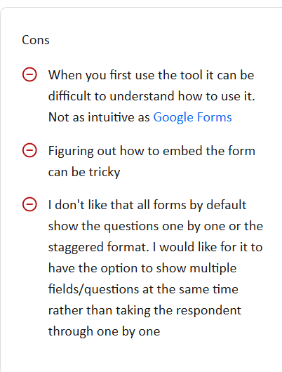 This image shows cons of typeform