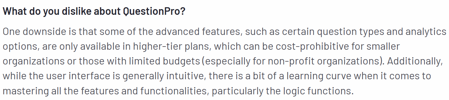 The image shows a con of QuestionPro regarding the tool’s limited features in the basic plan.
