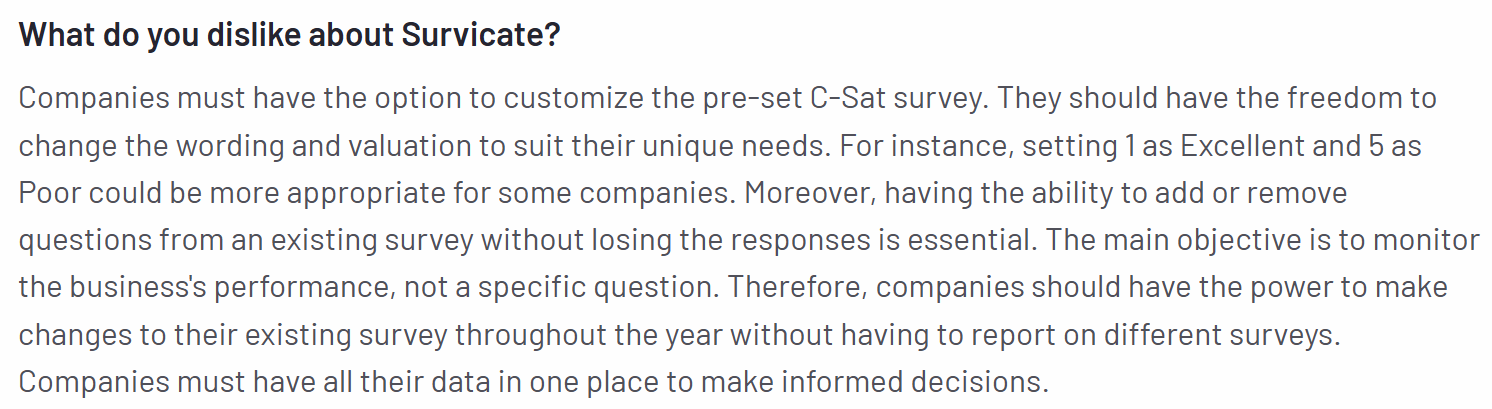 A screenshot of a customer review on Survicate from the G2 platform
