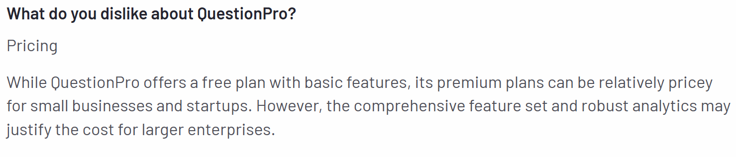 The image shows a con of QuestionPro regarding the tool’s pricing plans.