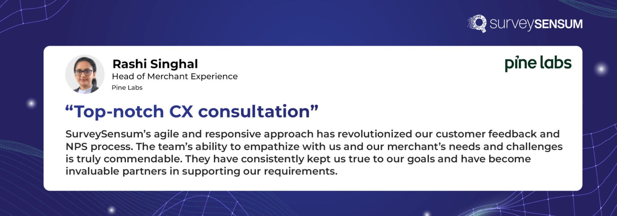 The image shows a customer review on the SurveySensum platform. The customer is talking about SurveySensum’s agile approach to revolutionizing customer feedback.