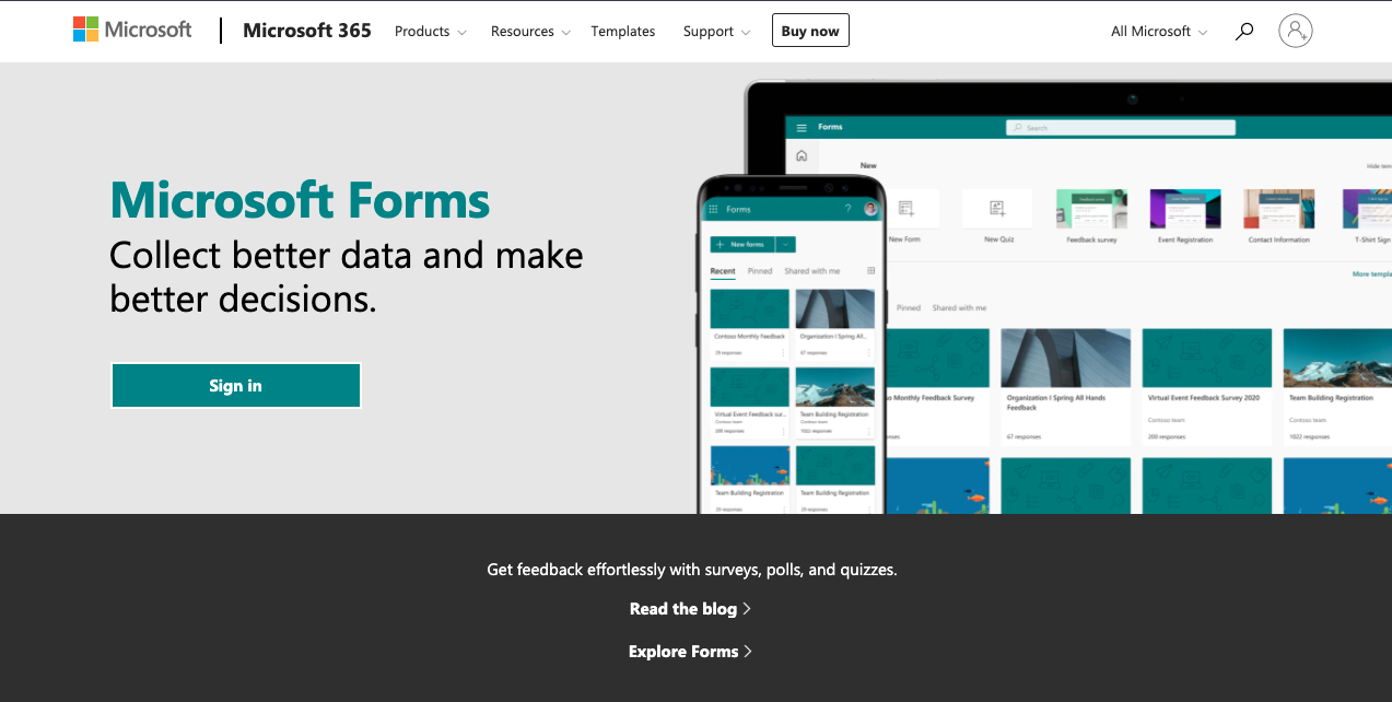 The image is showing Microsoft Forms homepage
