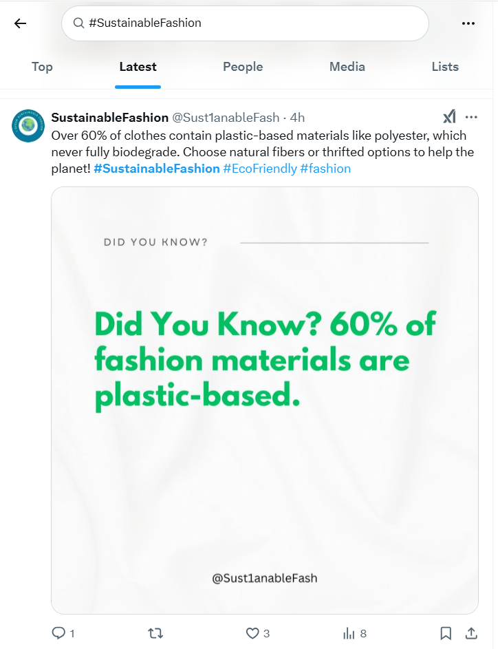 The images show the search results for #SustainableFashion on Twitter.