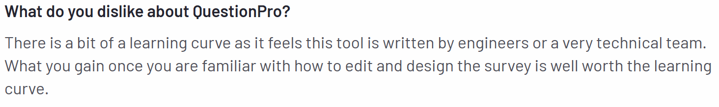 The image shows a con of QuestionPro regarding the tool’s steep learning curve.