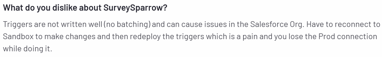 A screenshot of a customer review on SurveSparrow from the G2 platform
