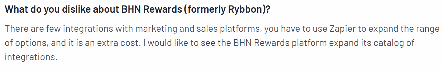 A screenshot of a customer review on BHN Rewards from the G2 platform