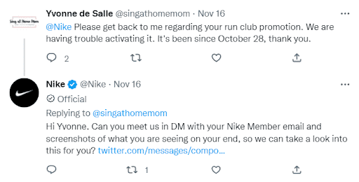 The image shows a conversation between a customer and Nike over Twitter.