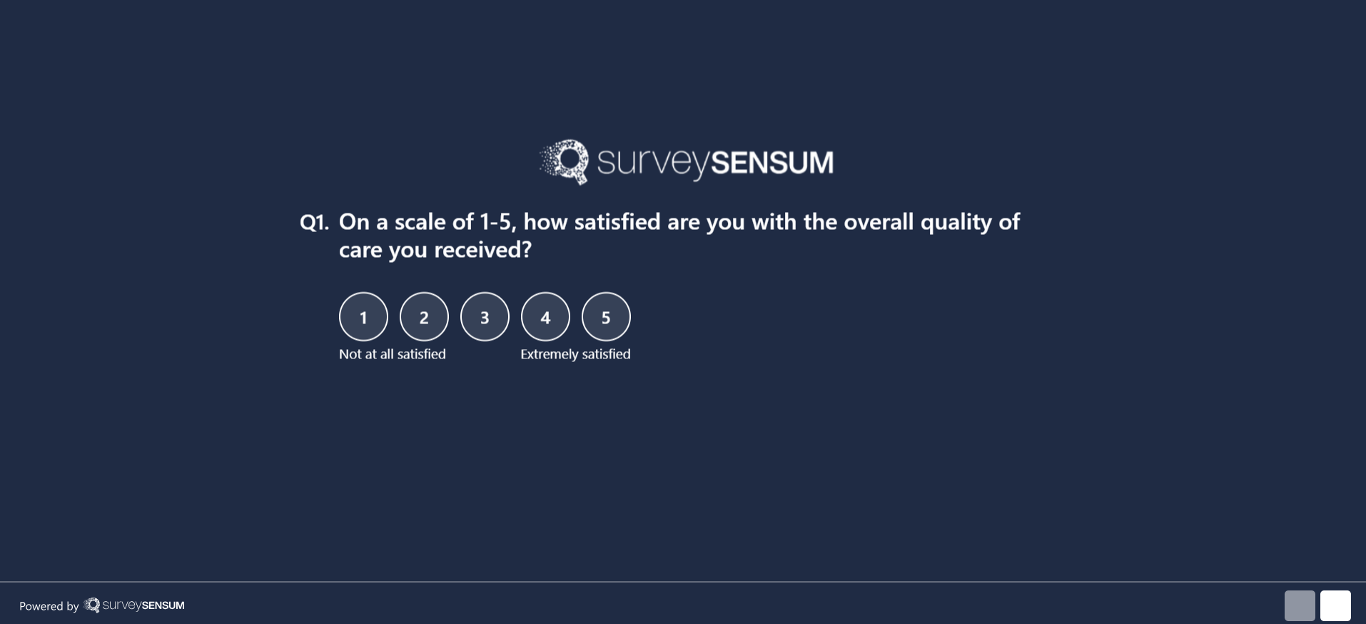 The image shows a patient satisfaction survey question where a patient is being asked to rate their satisfaction with the quality of care received. 