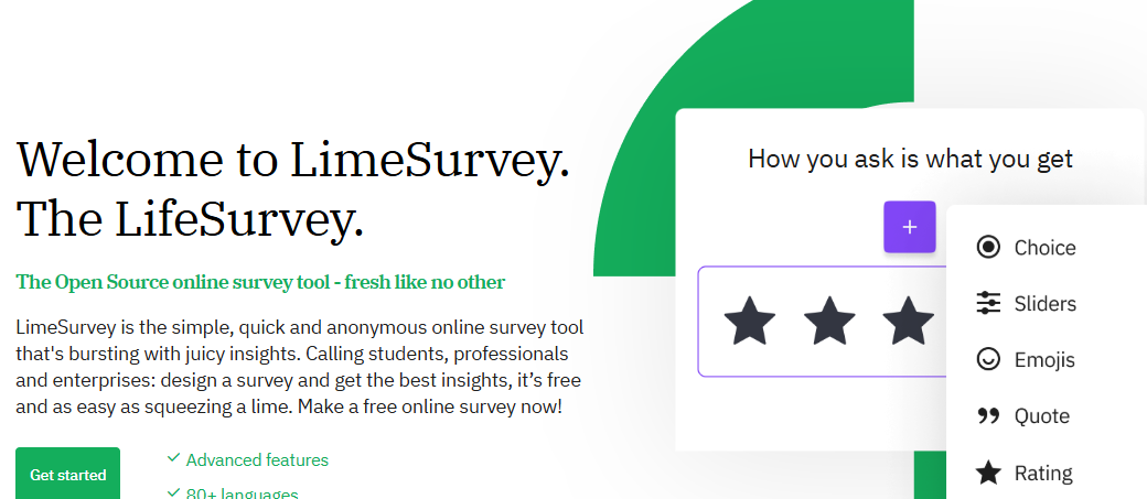 An image showing the homepage for LimeSurvey, which is among top Microsoft Forms alternatives.