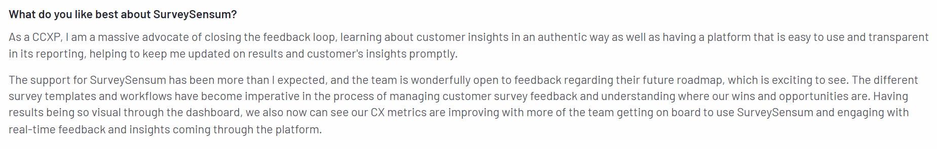 The image shows a pro of SurveySensum.