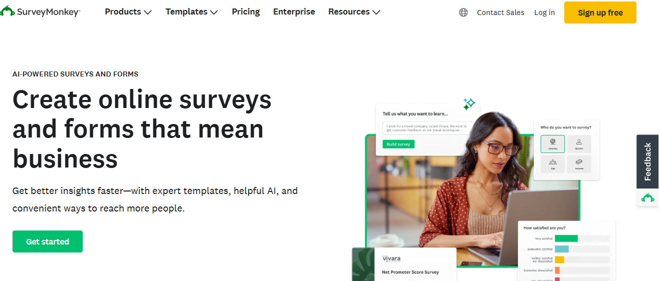 An image showing the homepage for SurveyMonkey, which is a leading choice among top Microsoft Forms alternatives.