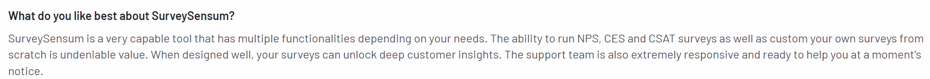 The image shows a pro of SurveySensum.