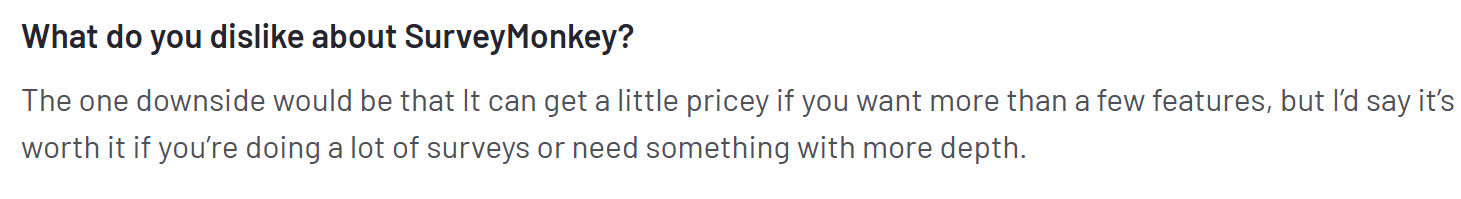 The image shows a screenshot of the con of SurveyMonkey regarding the tool’s pricing plans.