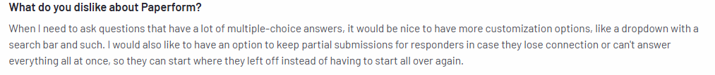 An image showing a user review of Paperform mentioning the need for better multiple-choice customization.