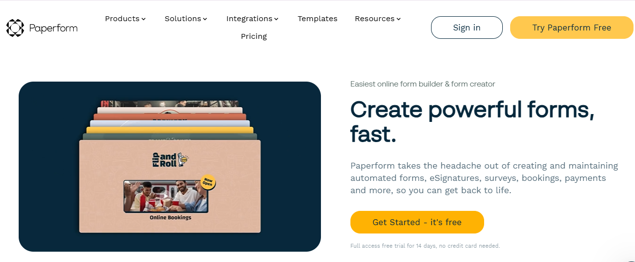An image showing the homepage for Paperform, which is a leading choice among alternatives to Microsoft Forms.