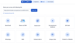 This is an image of SurveySensum’s survey distribution channels,, including email, social media, QR code, etc.